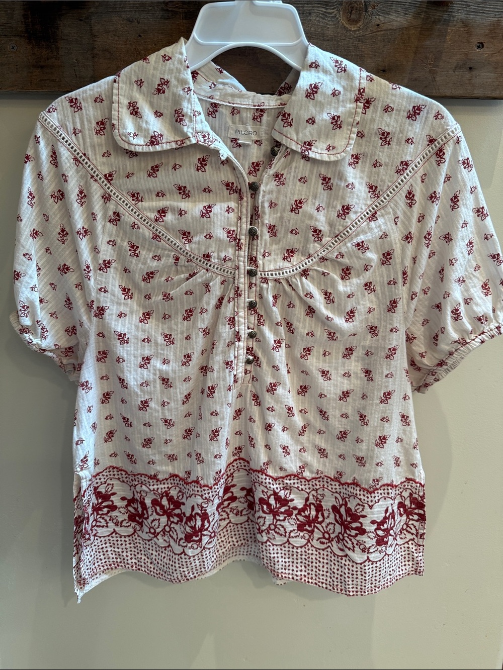 Pilcro White Blouse with Red Floral Border